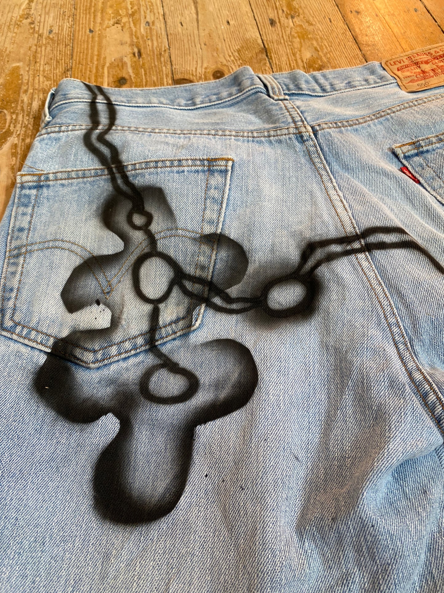 Reworked denim shorts with freehand airbrush 1of1 (W36)