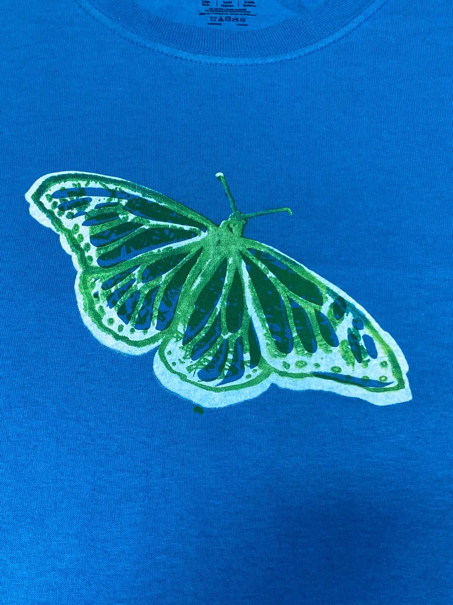 Blue Butterfly Upcycled Pre-Loved T-Shirt – Hand Screenprinted & 1of1