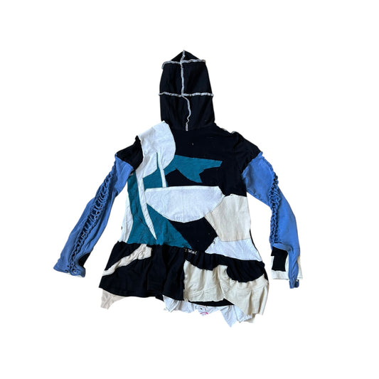 Hooded patchwork top dropped hem