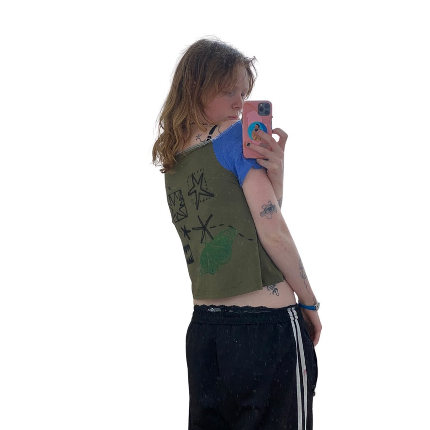 Khaki Handmade Cropped Square-Neck Top – Upcycled Cotton, Airbrushed (M)