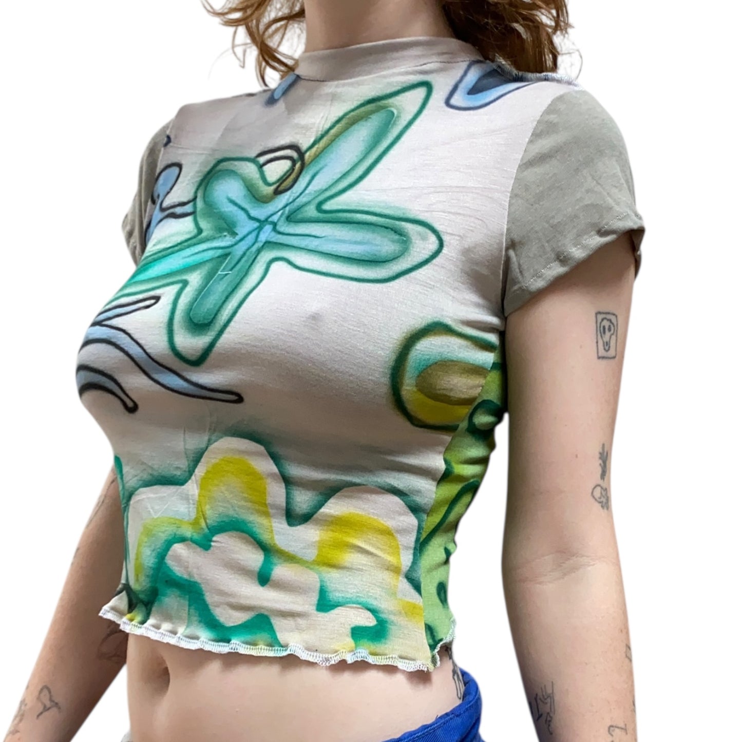 Summer baby T - freehand airbrush designs and deadstock fabric 1of1 (XS)