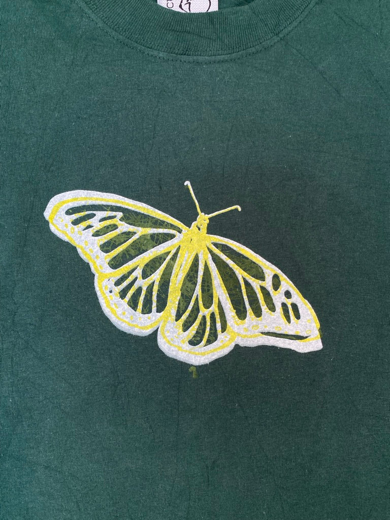 Green Upcycled Pre-Loved T-Shirt – Yellow Butterfly 1of1 (XL)