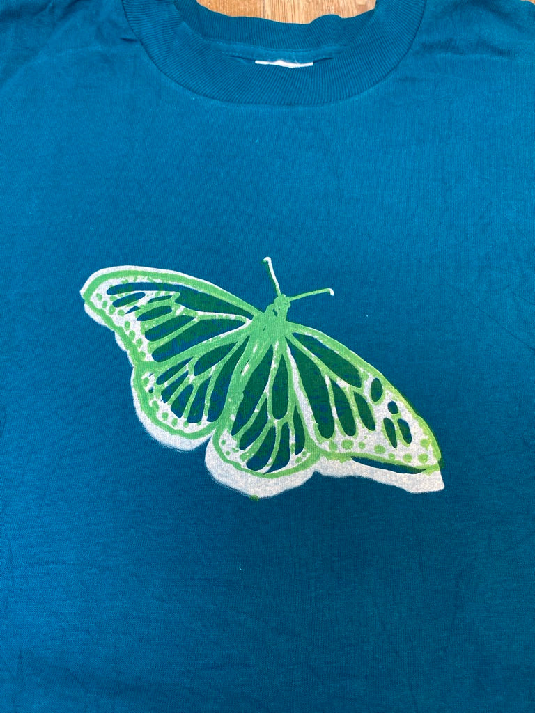 Turquoise Upcycled Pre-Loved T-Shirt – Screenprint butterfly 1of1