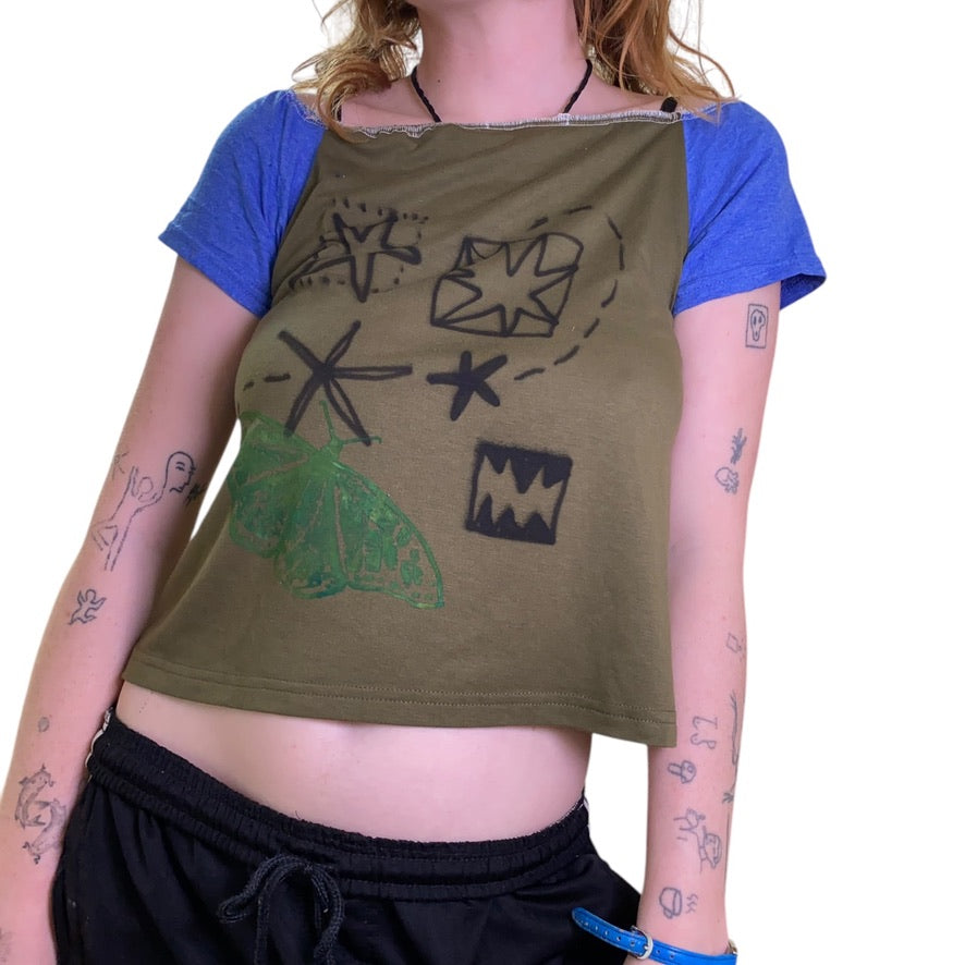 Khaki Handmade Cropped Square-Neck Top – Upcycled Cotton, Airbrushed (M)