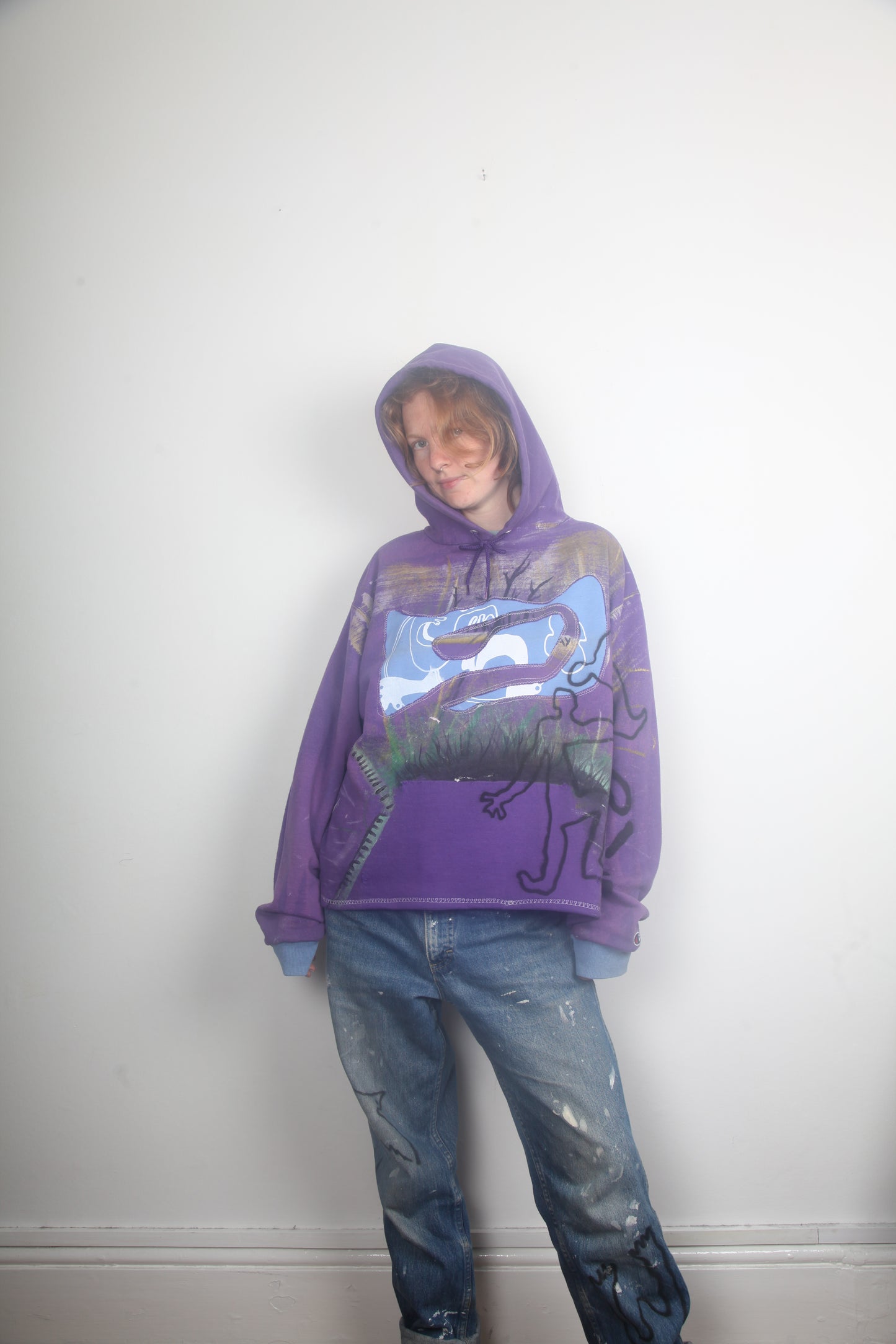 Upcycled Champion Purple Hoodie Printed Designs