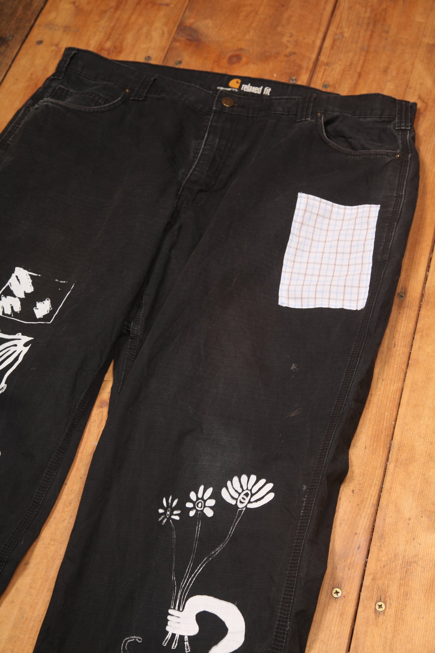 Upcycled Screenprint Black Carhartt Trousers (W42)