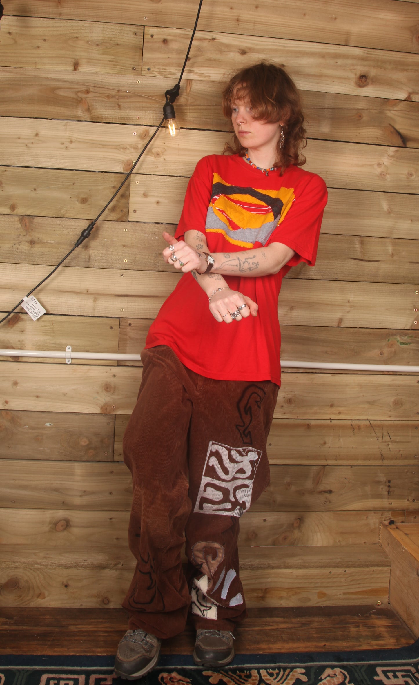 Upcycled Screenprint Brown Corduroy Trousers (W31)