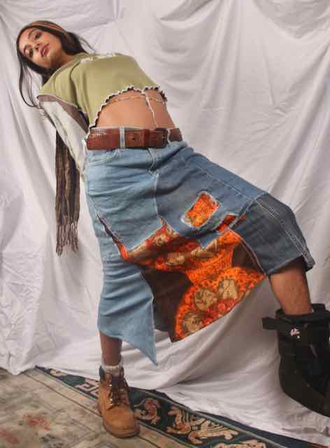 Patchwork denim midi skirt (UK10)