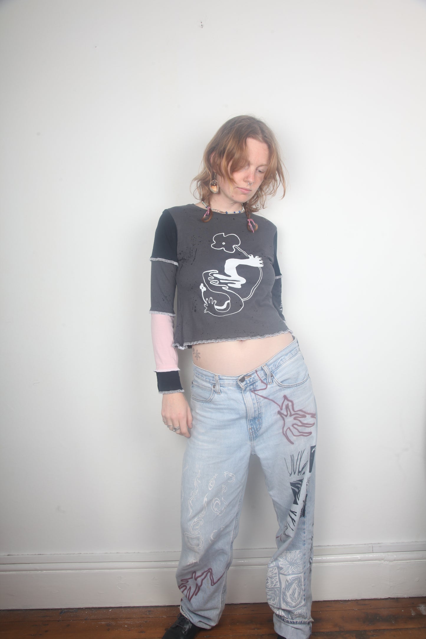 Cut & Sew Long Sleeve Top Graphic Prints (UK8)