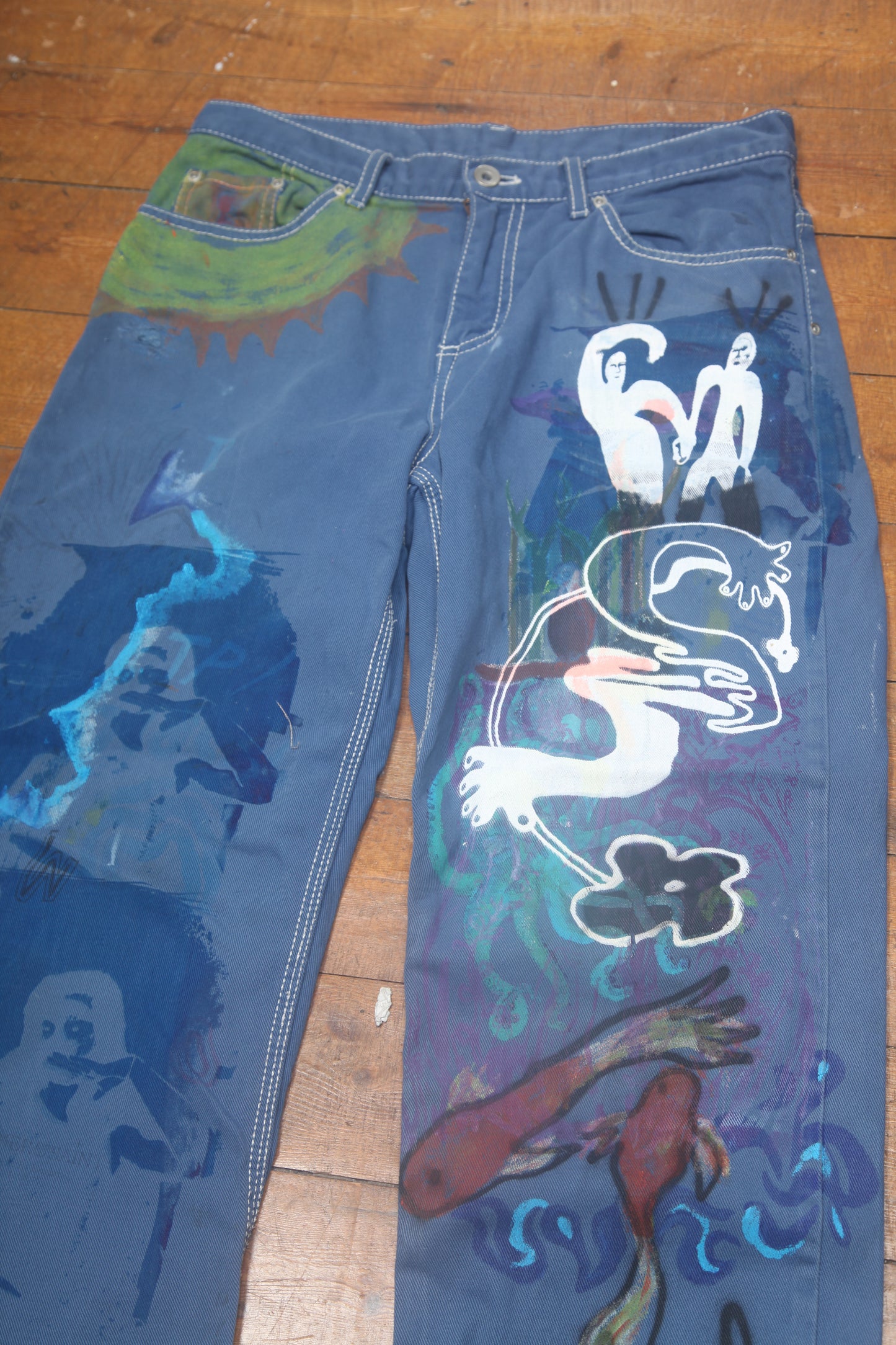 Hand Printed Blue Jeans