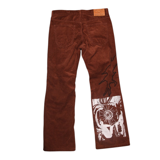 Upcycled Screenprint Brown Corduroy Trousers (W33)