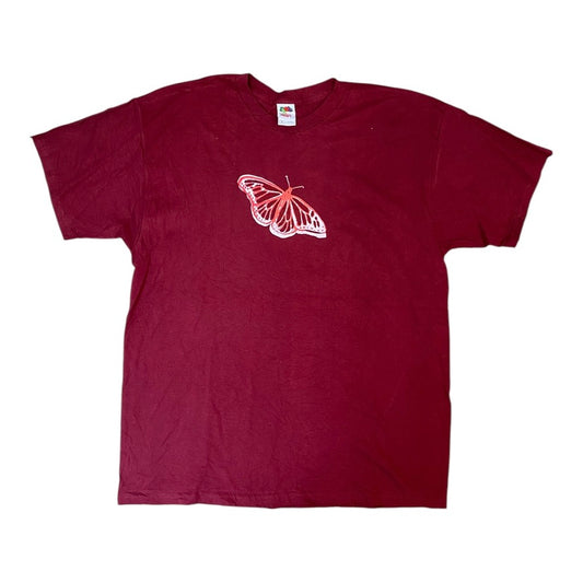Burugndy Upcycled Pre-Loved T-Shirt – Butterfly Screen-print graphics 1of1 (XL)