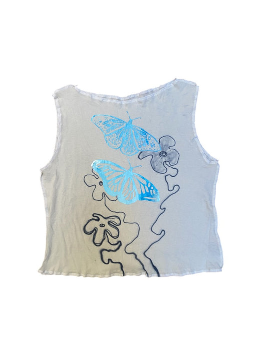 Handmade Unisex Vest Top – Recycled Materials Cream Butterfly Design