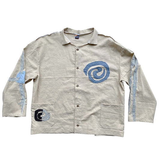 Boxy Work Shirt – Beige Linen, Handmade 1 of 1 Spiral Design