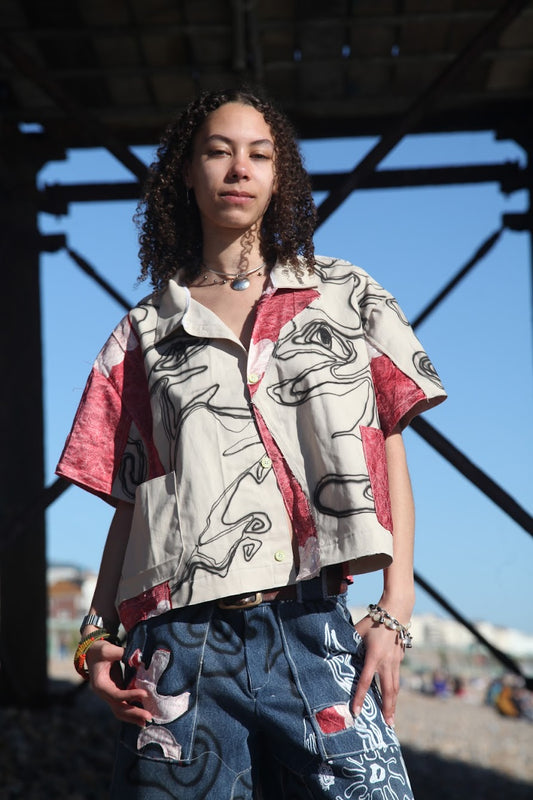 Short Sleeve Patchwork Kimono Shirt (M)