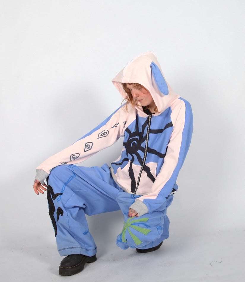 1of1 Handmade Zip-Up Hoodie baby pink and blue – Appliqué & Airbrush Designs with Bunny Ears