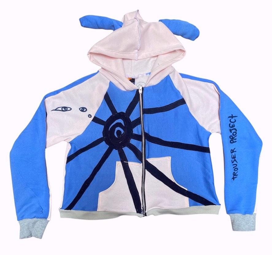 1of1 Handmade Zip-Up Hoodie baby pink and blue – Appliqué & Airbrush Designs with Bunny Ears