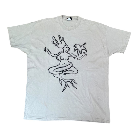 Cream Upcycled Pre-Loved T-Shirt – Freehand airbrush designs 1of1 (XXL)