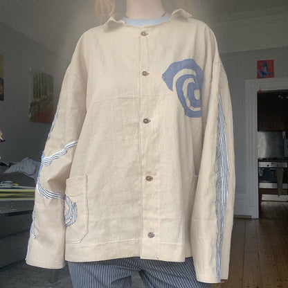 Boxy Work Shirt – Beige Linen, Handmade 1 of 1 Spiral Design