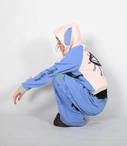 1of1 Handmade Zip-Up Hoodie baby pink and blue – Appliqué & Airbrush Designs with Bunny Ears