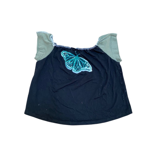Black Handmade Cropped Square-Neck Top – Upcycled Cotton, Airbrushed (M)