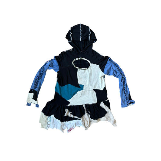 Hooded patchwork top dropped hem