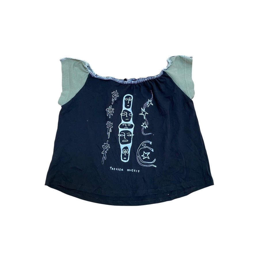 Black Handmade Cropped Square-Neck Top – Upcycled Cotton, Airbrushed (M)