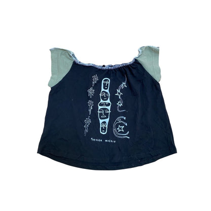 Black Handmade Cropped Square-Neck Top – Upcycled Cotton, Airbrushed (M)