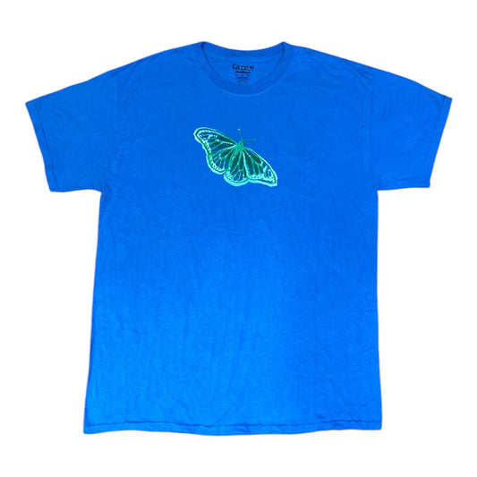 Blue Butterfly Upcycled Pre-Loved T-Shirt – Hand Screenprinted & 1of1