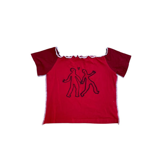 Red Handmade Cropped Square-Neck Top – Upcycled Cotton, Airbrushed (L)