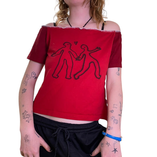 Red Handmade Cropped Square-Neck Top – Upcycled Cotton, Airbrushed (L)