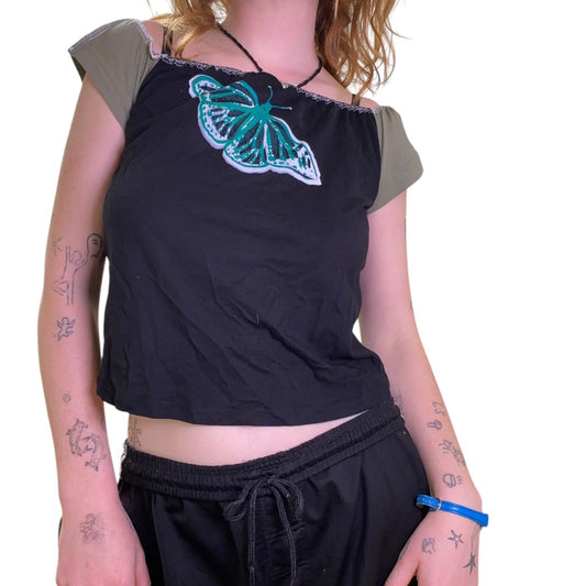 Black Handmade Cropped Square-Neck Top – Upcycled Cotton, Airbrushed (M)