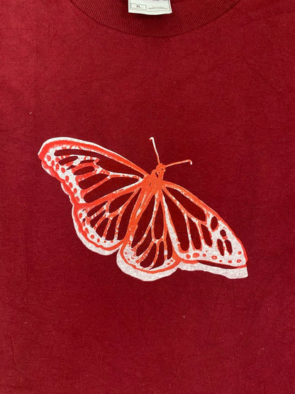 Burugndy Upcycled Pre-Loved T-Shirt – Butterfly Screen-print graphics 1of1 (XL)