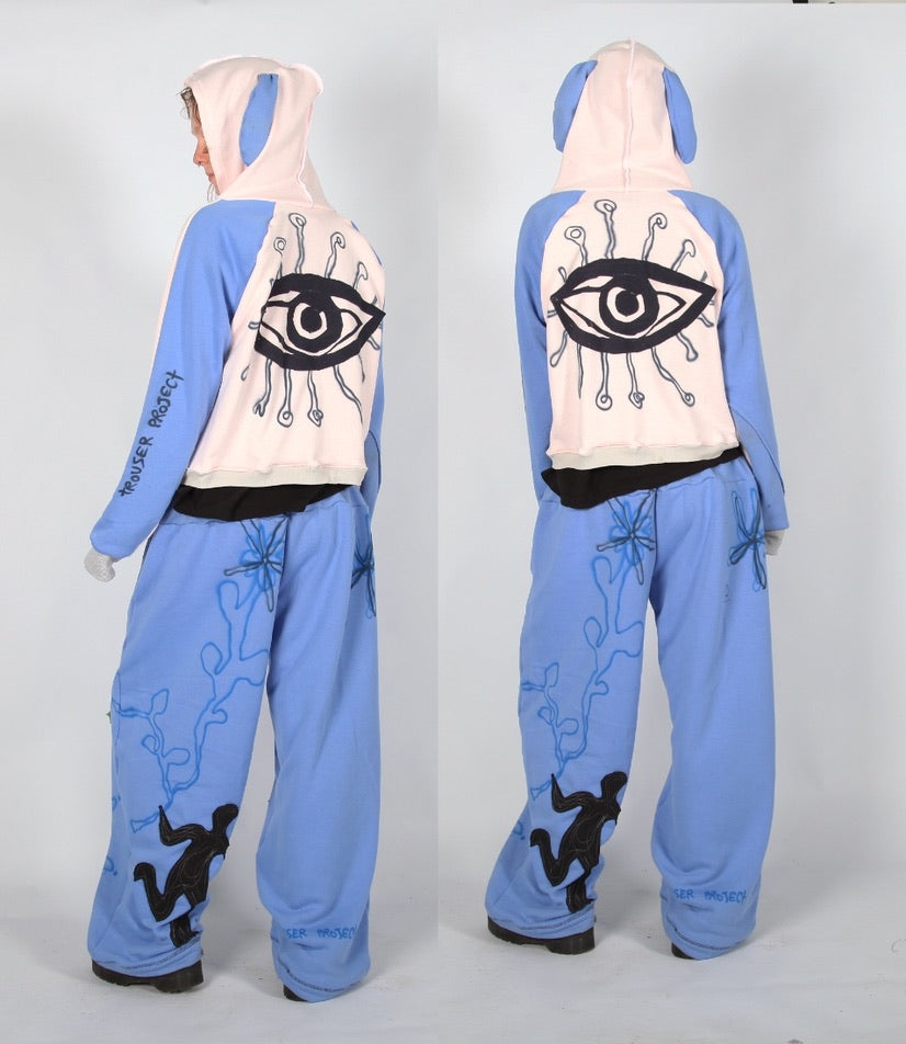 1of1 Handmade Zip-Up Hoodie baby pink and blue – Appliqué & Airbrush Designs with Bunny Ears