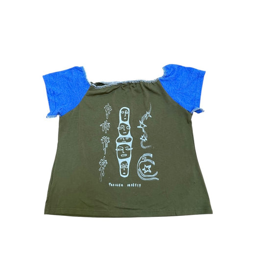 Khaki Handmade Cropped Square-Neck Top – Upcycled Cotton, Airbrushed (M)