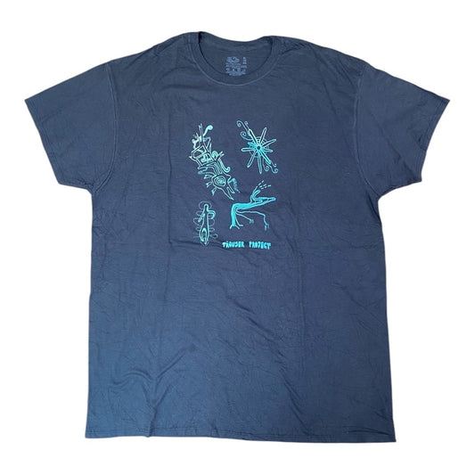 Grey Upcycled Pre-Loved T-Shirt – Blue Screen-print designs 1of1 (XL)