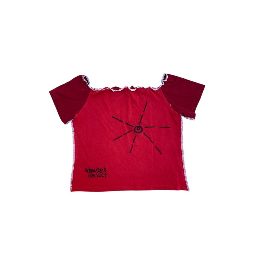 Red Handmade Cropped Square-Neck Top – Upcycled Cotton, Airbrushed (L)