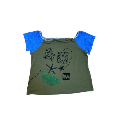 Khaki Handmade Cropped Square-Neck Top – Upcycled Cotton, Airbrushed (M)