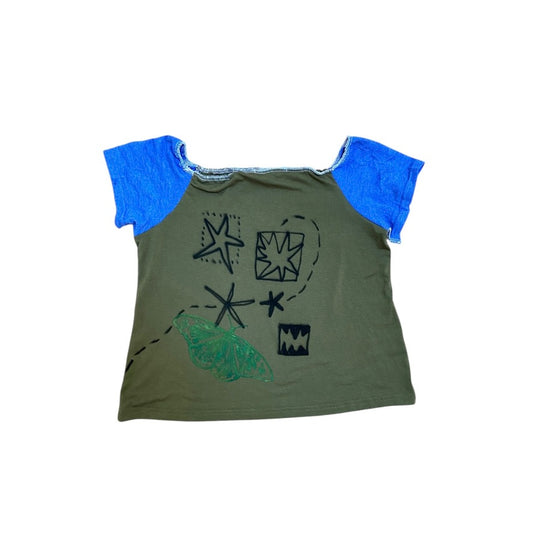 Khaki Handmade Cropped Square-Neck Top – Upcycled Cotton, Airbrushed (M)