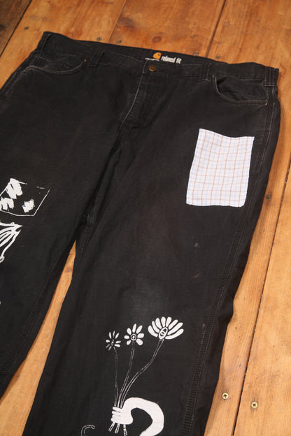 Upcycled Screenprint Black Carhartt Trousers (W42)