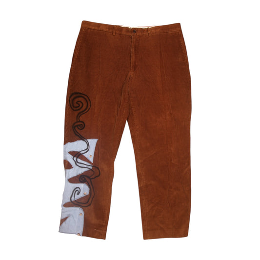 Upcycled Screenprint Brown Corduroy Trousers W38