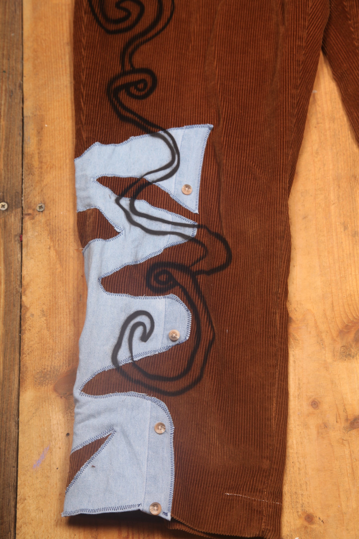 Upcycled Screenprint Brown Corduroy Trousers W38