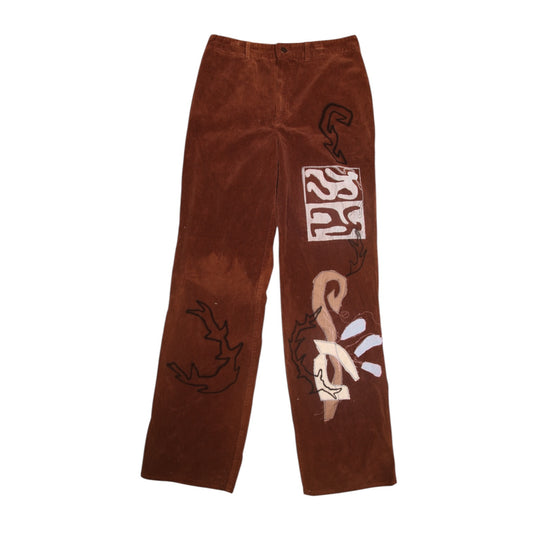 Upcycled Screenprint Brown Corduroy Trousers (W31)