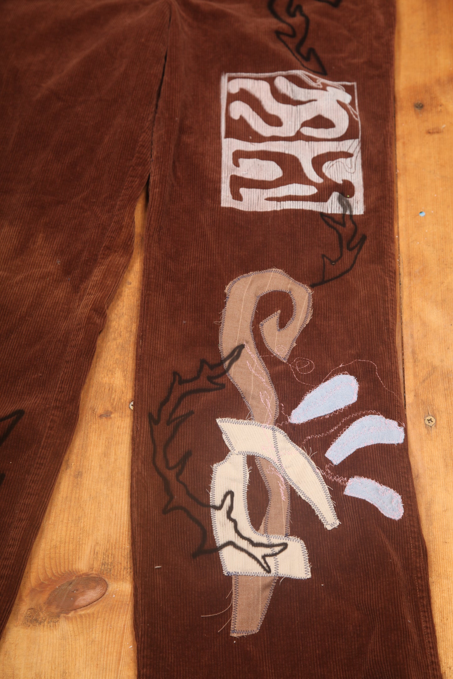 Upcycled Screenprint Brown Corduroy Trousers (W31)