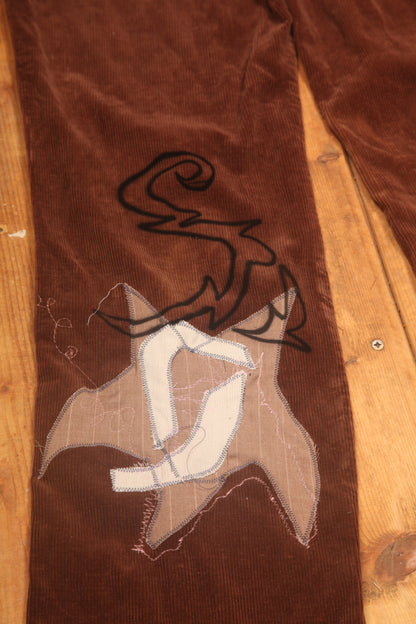 Upcycled Screenprint Brown Corduroy Trousers (W31)