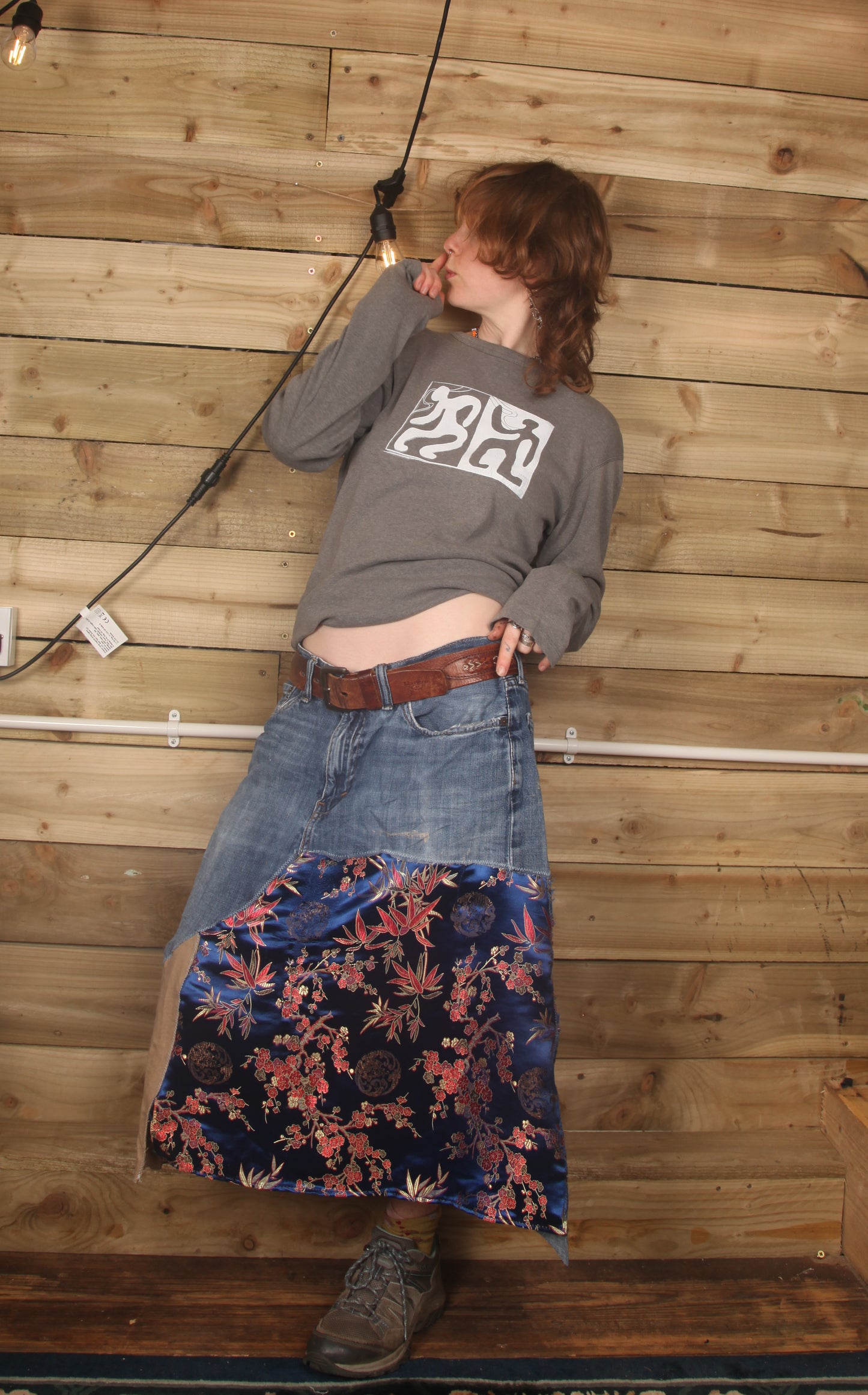 Patchwork denim midi skirt (W34)