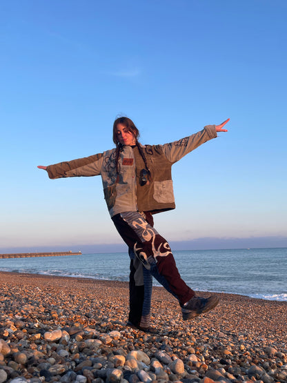 Handmade Zip-Up Jacket – Reworked Denim & Cord, Green Tones