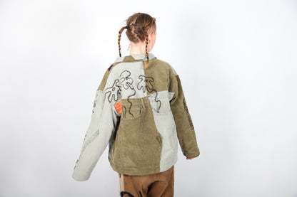 Handmade Zip-Up Jacket – Reworked Denim & Cord, Green Tones
