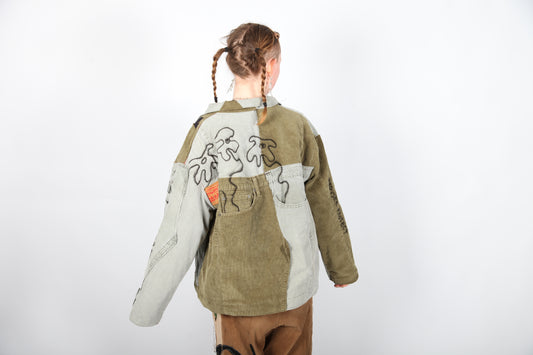 Handmade Zip-Up Jacket – Reworked Denim & Cord, Green Tones