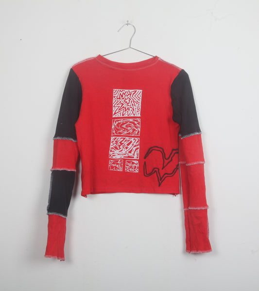 Reworked Red Patchwork Long Sleeve Top
